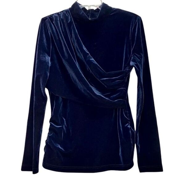 Nicole Miller Velvet Mock Wrap Top with Back Keyhole in Navy Blue Women’s L - Picture 2 of 8